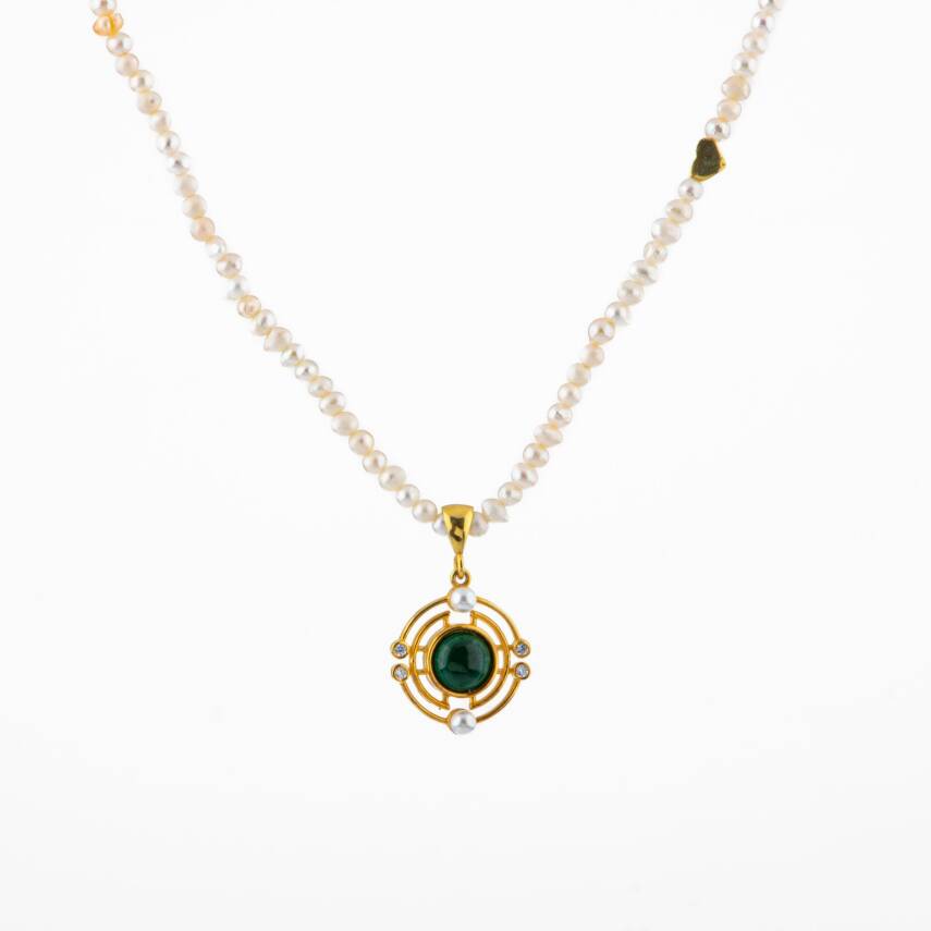 Malakit Taşlı İnci Doğal Taş Gümüş Tasarım Kolye - 54cm - 5