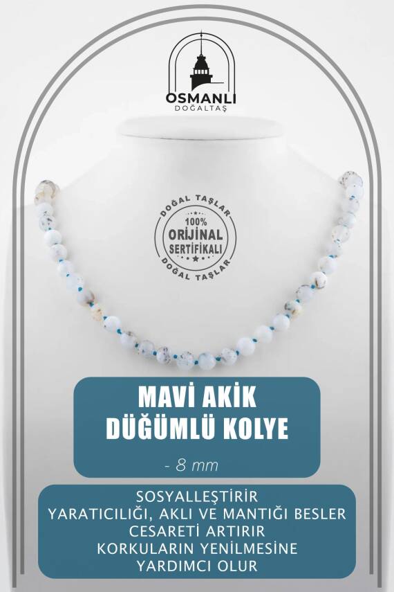 Mavi Akik 8 mm Düğümlü Doğal Taş Kolye - 1