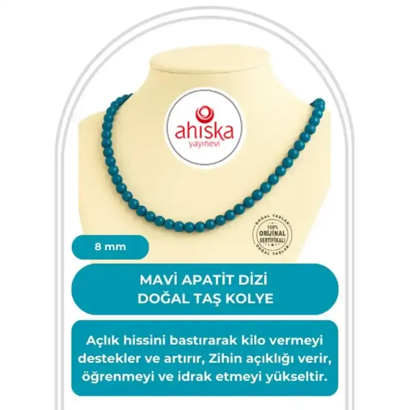 Mavi Apatit 8 mm Düğümlü Doğal Taş Kolye - 2