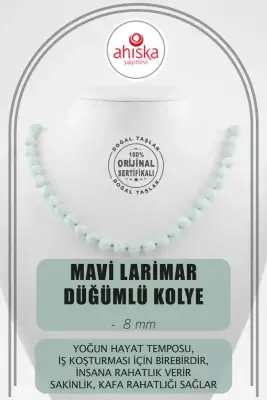 Mavi Larimar 8 mm Düğümlü Doğal Taş Kolye - 1
