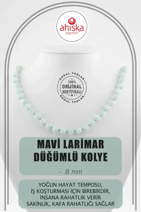 Mavi Larimar 8 mm Düğümlü Doğal Taş Kolye - 1