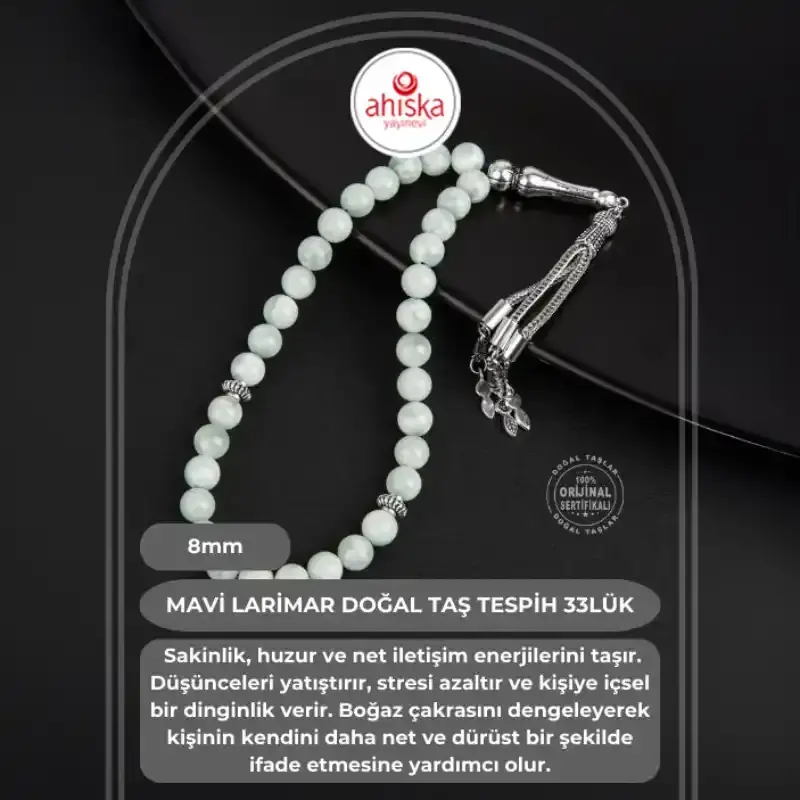 Mavi Larimar Doğal Taş Tesbih 33lük - 8mm - 2