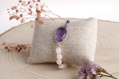 Melina, Gül Kuvars-Ametist Doğal Taş Gümüş Zincir Bileklik - 2