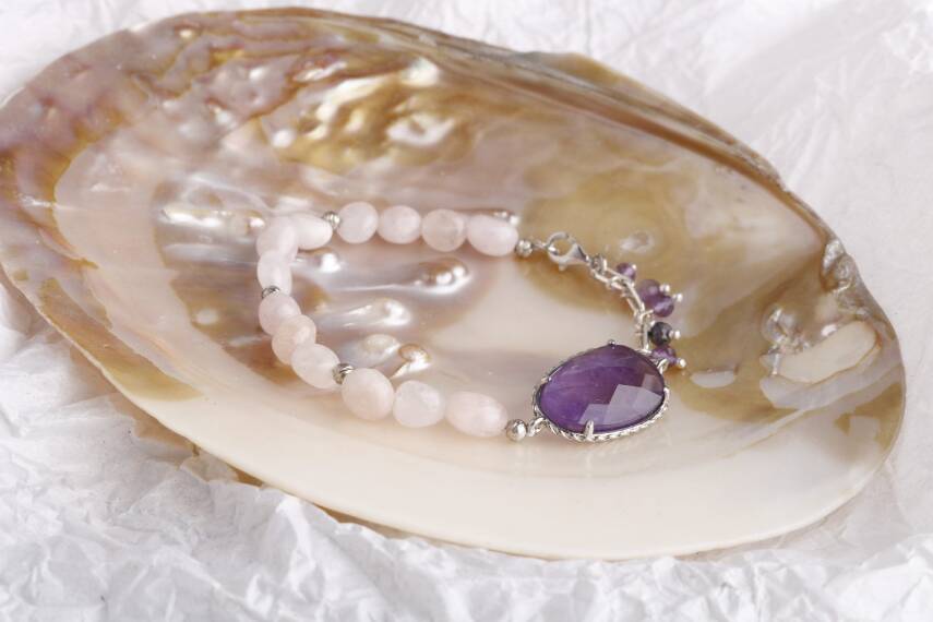 Melina, Gül Kuvars-Ametist Doğal Taş Gümüş Zincir Bileklik - 3