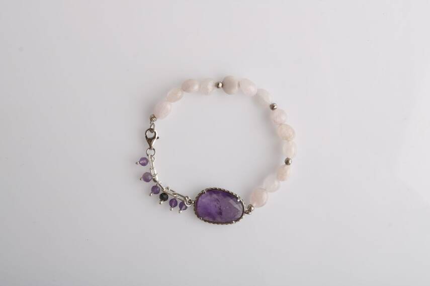 Melina, Gül Kuvars-Ametist Doğal Taş Gümüş Zincir Bileklik - 4