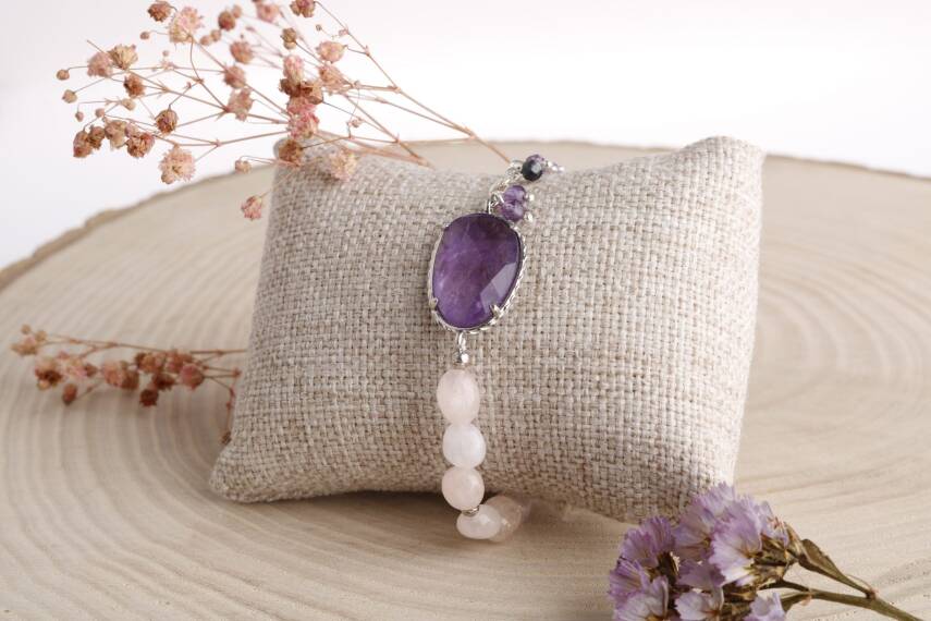 Melina, Gül Kuvars-Ametist Doğal Taş Gümüş Zincir Bileklik - 5