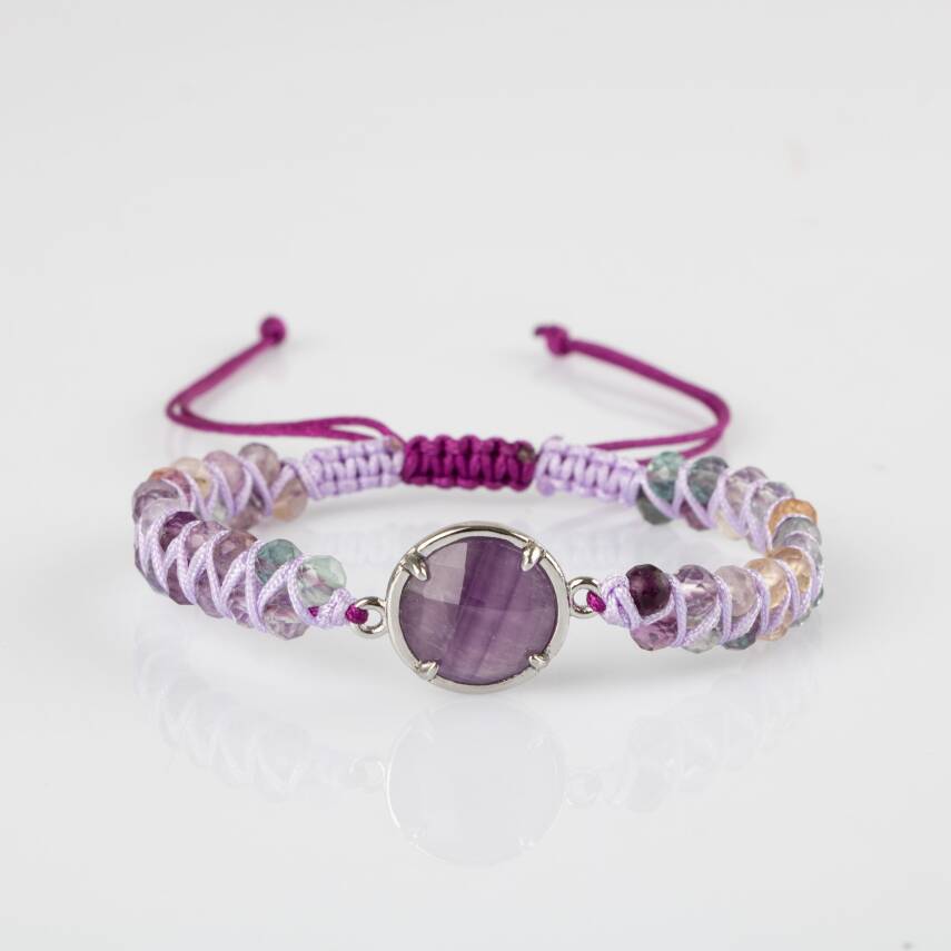 Mor Florit-Ametist Doğal Taş Makrome Bileklik - 4