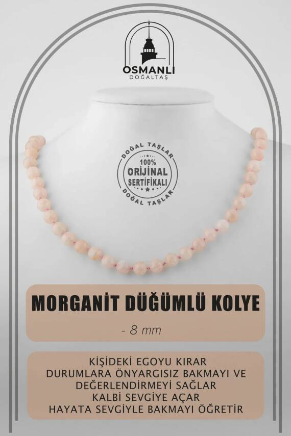 Morganit 8 mm Düğümlü Doğal Taş Kolye - 2