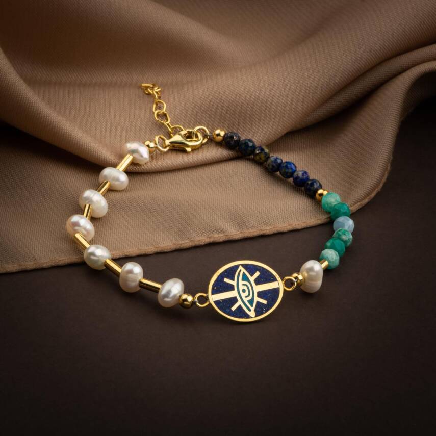 Mozaik Lapis Lazuli Taşlı-Amazonit-İnci Doğal Taş Gümüş Tasarım Bileklik - 2