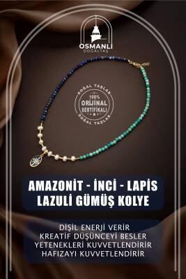 Mozaik Lapis Lazuli Taşlı-Amazonit-İnci Doğal Taş Gümüş Tasarım Kolye - 54cm - Osmanlı Doğaltaş