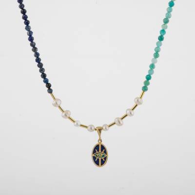 Mozaik Lapis Lazuli Taşlı-Amazonit-İnci Doğal Taş Gümüş Tasarım Kolye - 54cm - 4