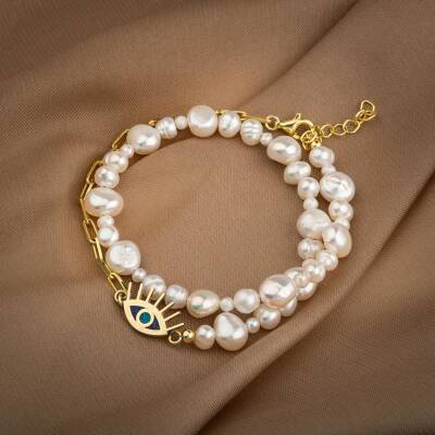 Mozaik Lapis Lazuli Taşlı İnci Doğal Taş Gümüş Paper Clip Zincir Bileklik - 45cm - Osmanlı Doğaltaş