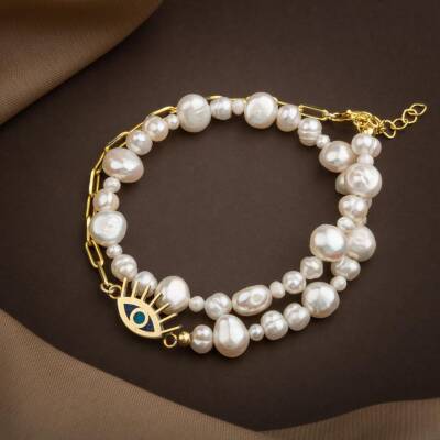 Mozaik Lapis Lazuli Taşlı İnci Doğal Taş Gümüş Paper Clip Zincir Bileklik - 45cm - 3