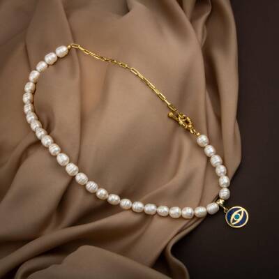 Mozaik Lapis Lazuli Taşlı İnci Doğal Taş Paper Clip Gümüş Kolye - 54cm - 2