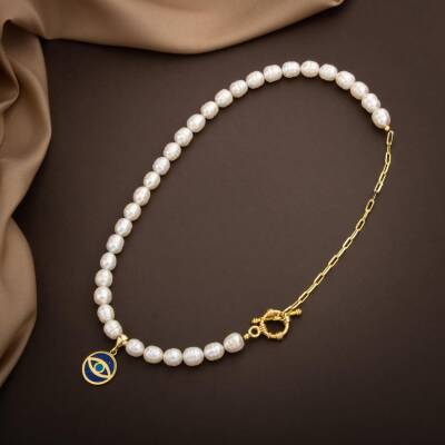 Mozaik Lapis Lazuli Taşlı İnci Doğal Taş Paper Clip Gümüş Kolye - 54cm - 4