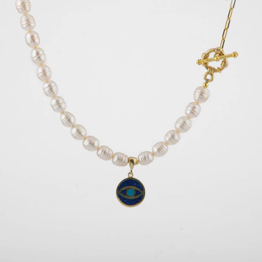 Mozaik Lapis Lazuli Taşlı İnci Doğal Taş Paper Clip Gümüş Kolye - 54cm - 5