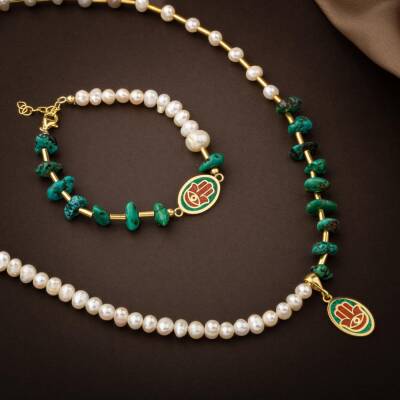 Mozaik Turkuaz Firuza Taşlı-İnci Doğal Taş Gümüş Kolye Bileklik Seti - Osmanlı Doğaltaş