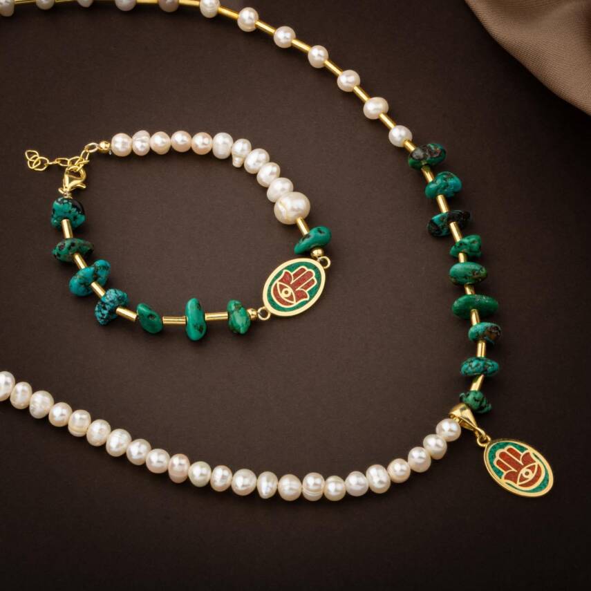 Mozaik Turkuaz Firuza Taşlı-İnci Doğal Taş Gümüş Kolye Bileklik Seti - 1