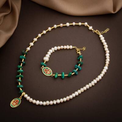 Mozaik Turkuaz Firuza Taşlı-İnci Doğal Taş Gümüş Kolye Bileklik Seti - 2