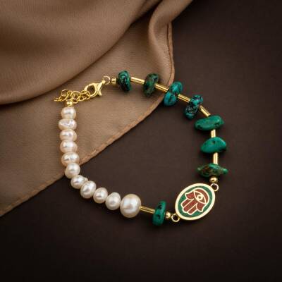 Mozaik Turkuaz Firuza Taşlı-İnci Doğal Taş Gümüş Kolye Bileklik Seti - 3