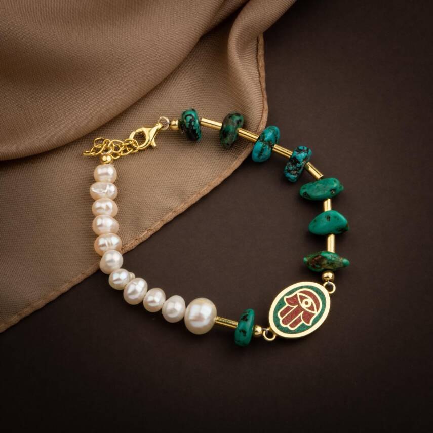 Mozaik Turkuaz Firuza Taşlı-İnci Doğal Taş Gümüş Kolye Bileklik Seti - 3