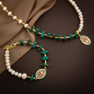 Mozaik Turkuaz Firuza Taşlı-İnci Doğal Taş Gümüş Kolye Bileklik Seti - 4