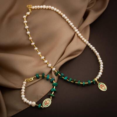 Mozaik Turkuaz Firuza Taşlı-İnci Doğal Taş Gümüş Kolye Bileklik Seti - 5