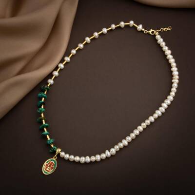 Mozaik Turkuaz Firuza Taşlı-İnci Doğal Taş Gümüş Tasarım Kolye - Osmanlı Doğaltaş