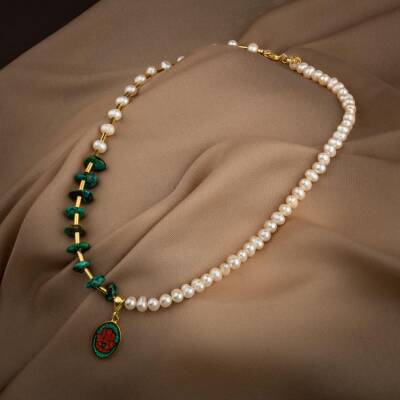 Mozaik Turkuaz Firuza Taşlı-İnci Doğal Taş Gümüş Tasarım Kolye - 2