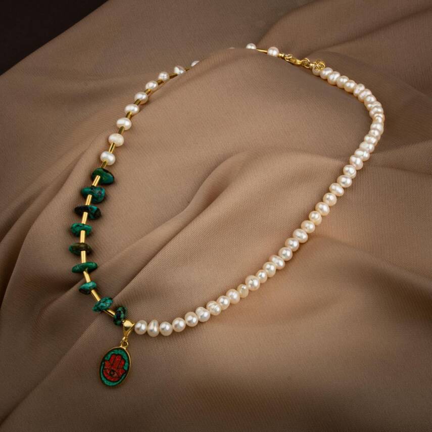 Mozaik Turkuaz Firuza Taşlı-İnci Doğal Taş Gümüş Tasarım Kolye - 2