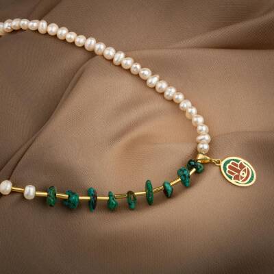 Mozaik Turkuaz Firuza Taşlı-İnci Doğal Taş Gümüş Tasarım Kolye - 3