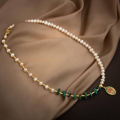 Mozaik Turkuaz Firuza Taşlı-İnci Doğal Taş Gümüş Tasarım Kolye - 4