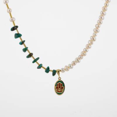 Mozaik Turkuaz Firuza Taşlı-İnci Doğal Taş Gümüş Tasarım Kolye - 5