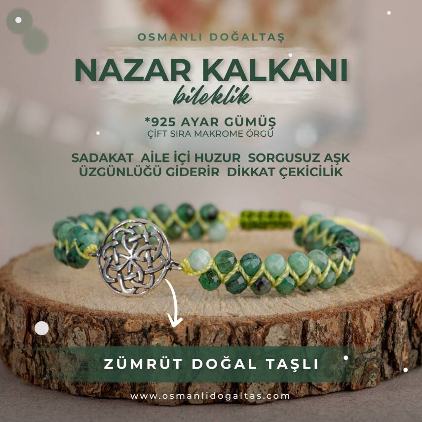 Nazar Kalkanı Zümrüt Doğal Taş Gümüş Aparat Bileklik - 1