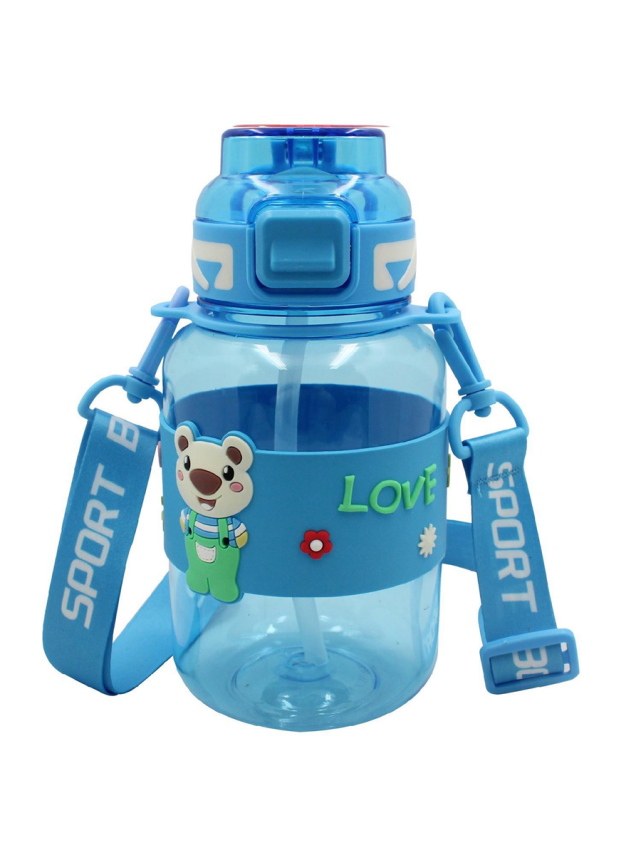 Noki Kids Su Matarası Mavi Petg Pipetli Kapak Ayıcık Silikon Kemerli Askılı 800 Ml - 2