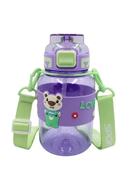 Noki Kids Su Matarası Mor Petg Pipetli Kapak Ayıcık Silikon Kemerli Askılı 800 Ml - 2