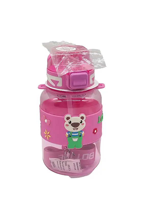 Noki Kids Su Matarası Pembe Petg Pipetli Kapak Ayıcık Silikon Kemerli Askılı 800 ml - 1