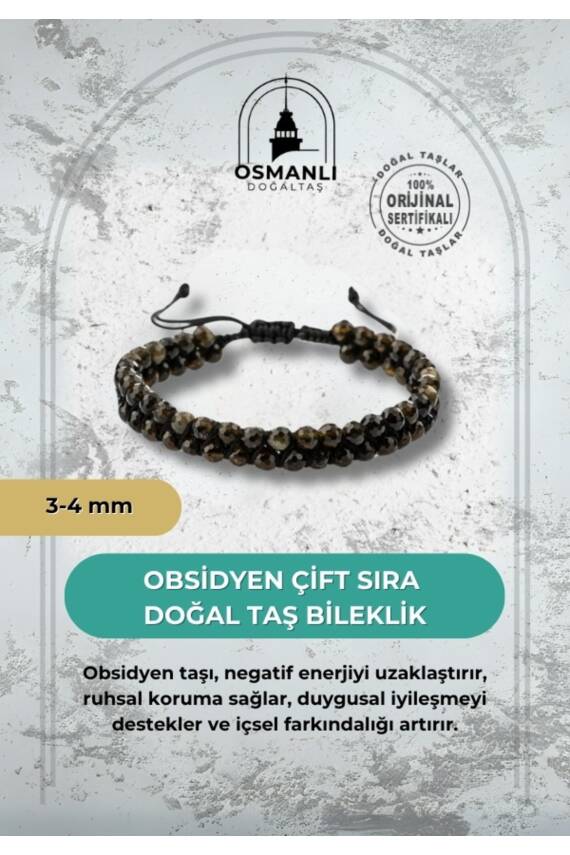Obsidyen 3-4mm Çift Sıra Doğal Taş Bileklik - 1