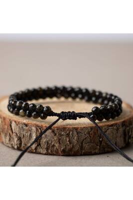Obsidyen 3-4mm Çift Sıra Doğal Taş Bileklik - 2