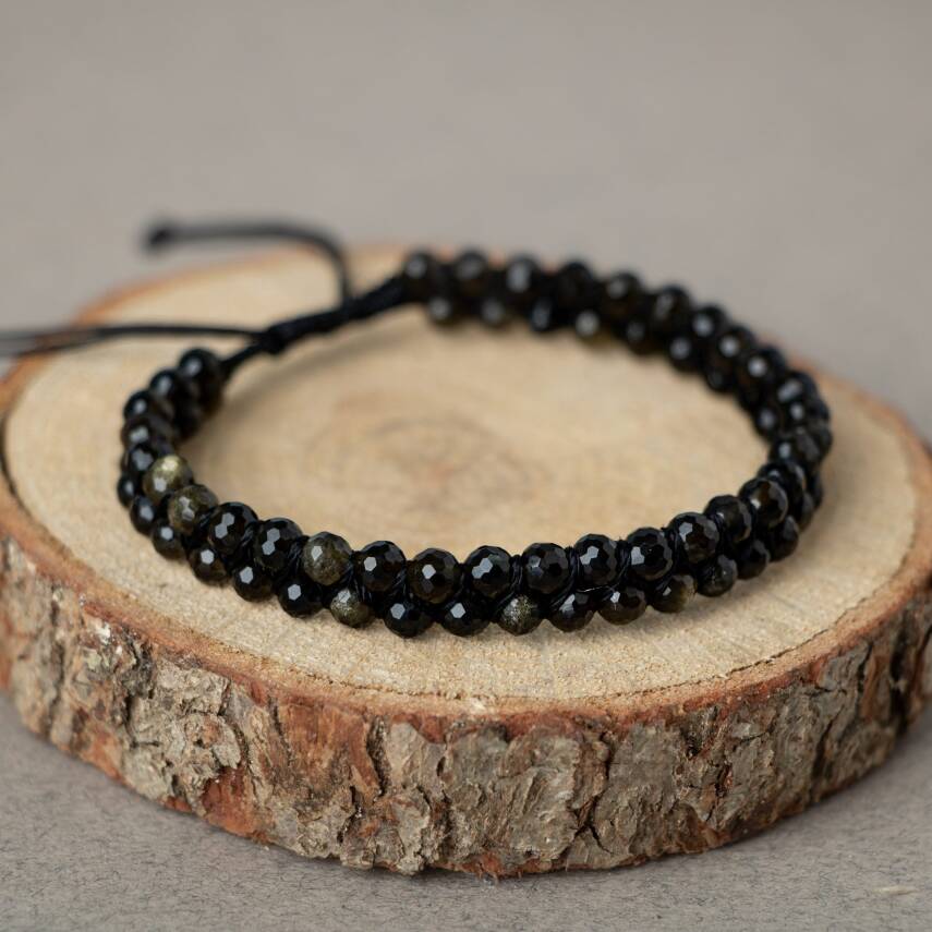 Obsidyen 3-4mm Çift Sıra Doğal Taş Bileklik - 1