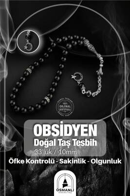 Obsidyen Doğal Taş 8mm Gümüş İmameli Tesbih - Osmanlı Doğal Taş