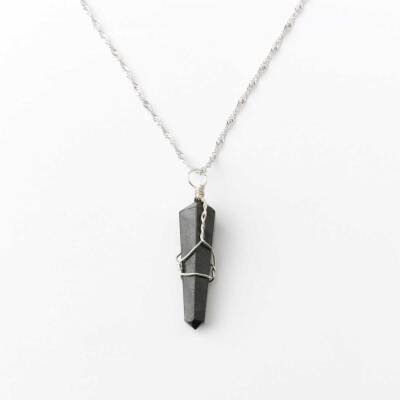Obsidyen Doğal Taş Kolye Ucu 3x1 cm, Gümüş Zincir - Doğal Taş