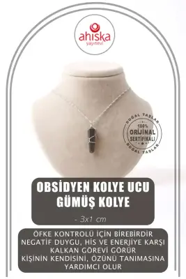 Obsidyen Doğal Taş Kolye Ucu 3x1 cm, Gümüş Zincir - Doğal Taş (1)