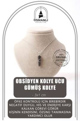 Obsidyen Doğal Taş Kolye Ucu 3x1 cm, Gümüş Zincir - Osmanlı Doğaltaş