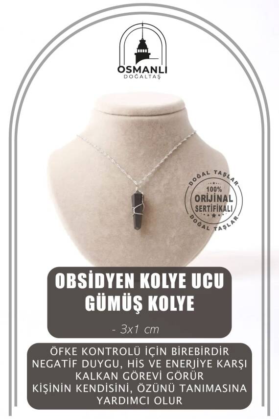Obsidyen Doğal Taş Kolye Ucu 3x1 cm, Gümüş Zincir - 1