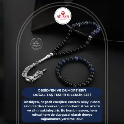 Obsidyen-Dumortierit Doğal Taş Tesbih Bileklik Seti - Doğal Taş (1)
