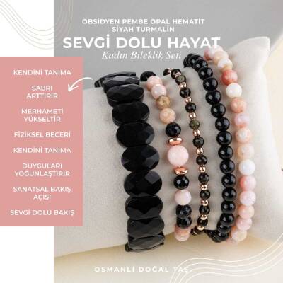 Obsidyen-Pembe Opal-Siyah Turmalin Doğal Taş Kadın Bileklik Seti - Doğal Taş