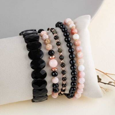 Obsidyen-Pembe Opal-Siyah Turmalin Doğal Taş Kadın Bileklik Seti - 3