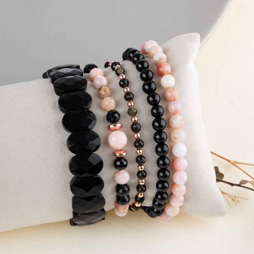 Obsidyen-Pembe Opal-Siyah Turmalin Doğal Taş Kadın Bileklik Seti - 3