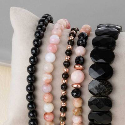 Obsidyen-Pembe Opal-Siyah Turmalin Doğal Taş Kadın Bileklik Seti - 4
